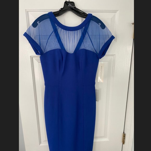Maggy London Illusion Yoke Crepe Cocktail Dress Bristol Blue - Picture 2 of 6